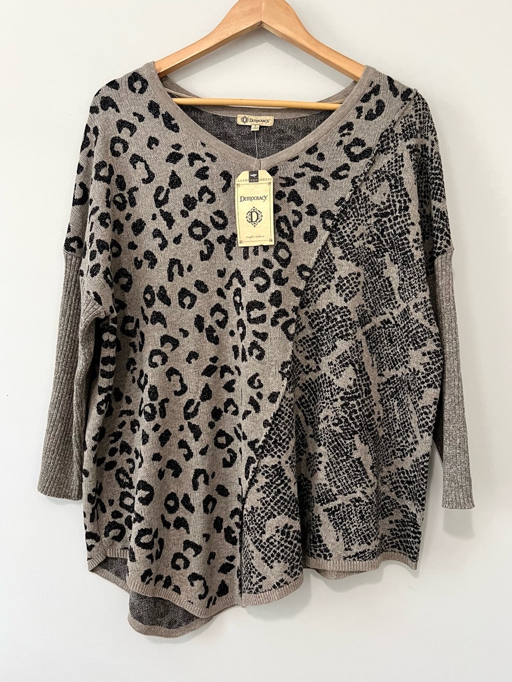 NWT Democracy Shimmer Mixed Animal Print  Asymmetrical Sweater Grayish Taupe L